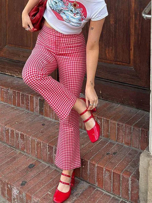 Gingham Red High Waist Flare Plaid Pant pant-250223