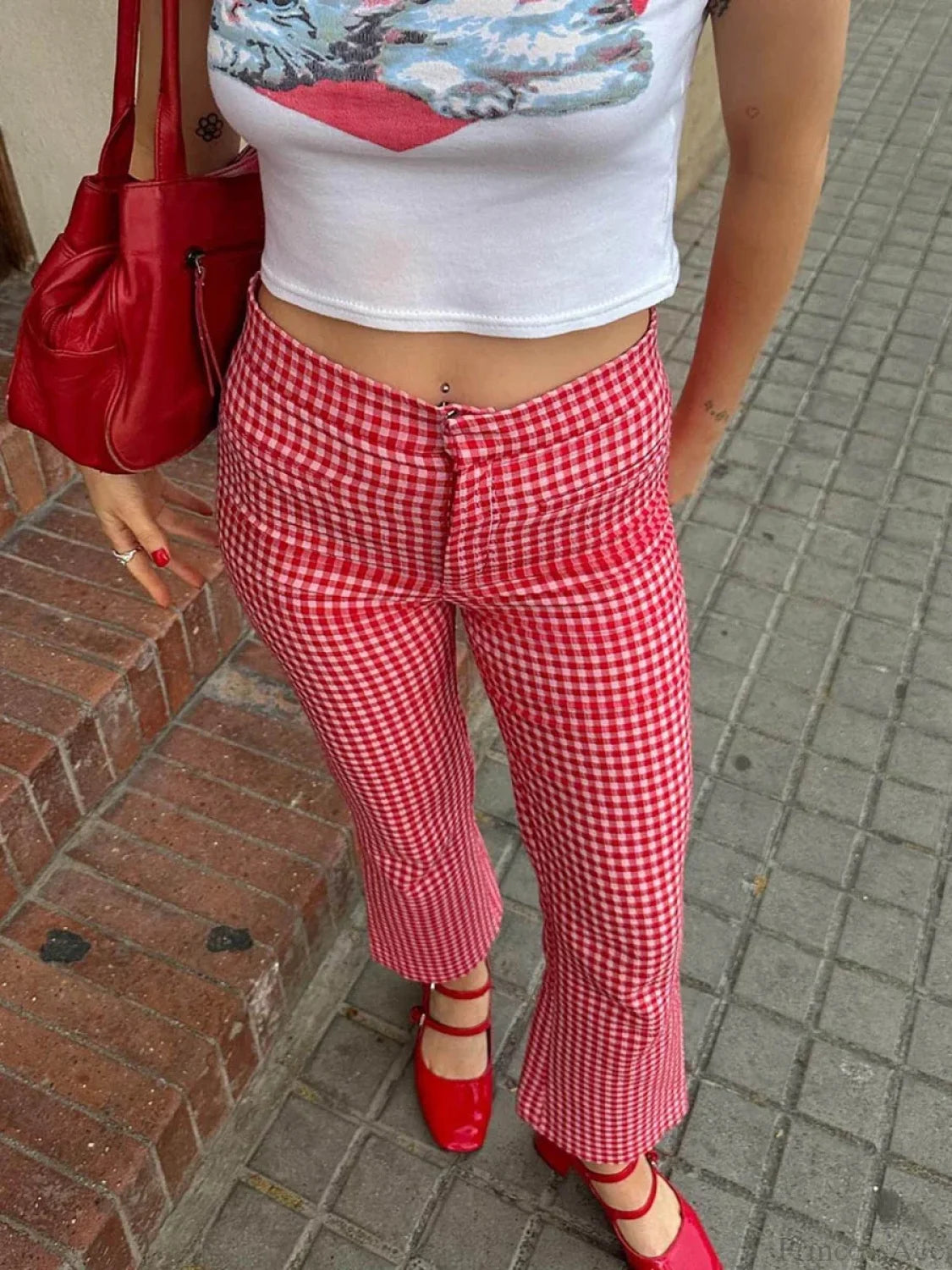 Gingham Red High Waist Flare Plaid Pant pant-250223