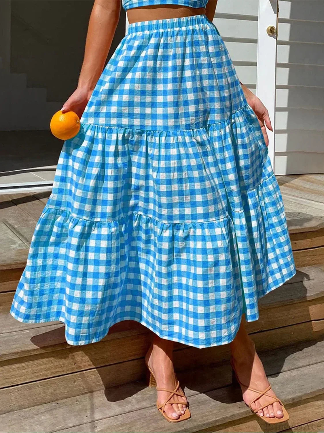 Gingham Tiered Patchwork Skirt Blue / S