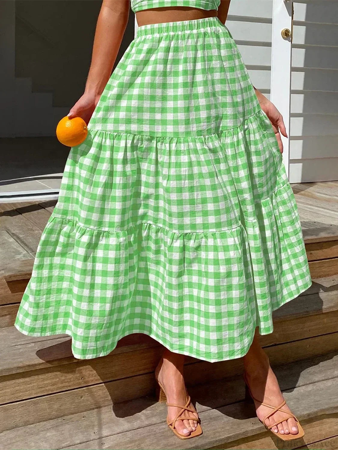 Gingham Tiered Patchwork Skirt Green / S
