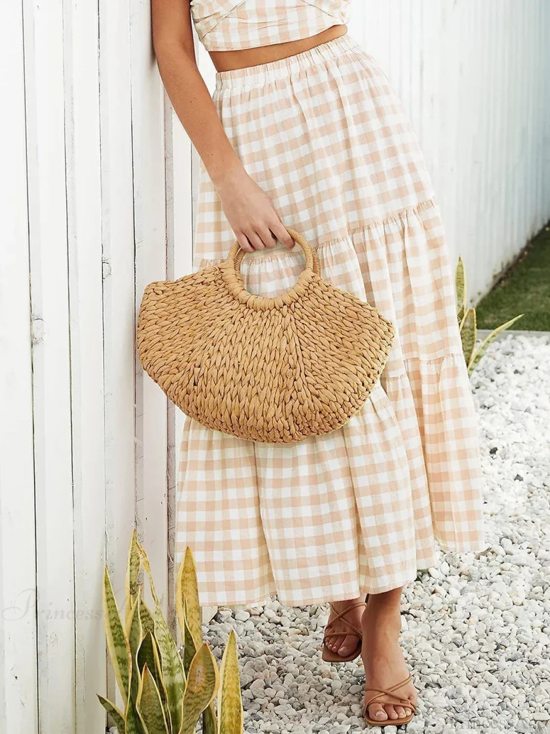 Gingham Tiered Patchwork Skirt Khaki / S