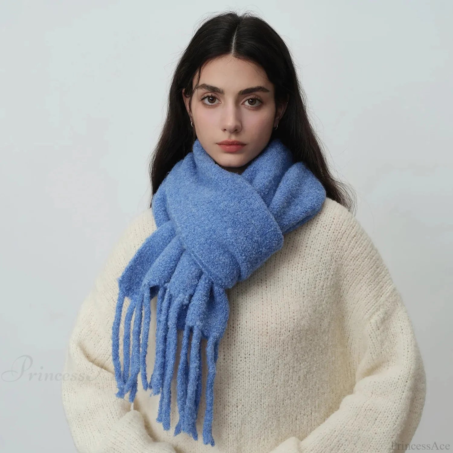 Glacier Blue Knitted Wool Scarf With Tassels For Women Scarfs-L
