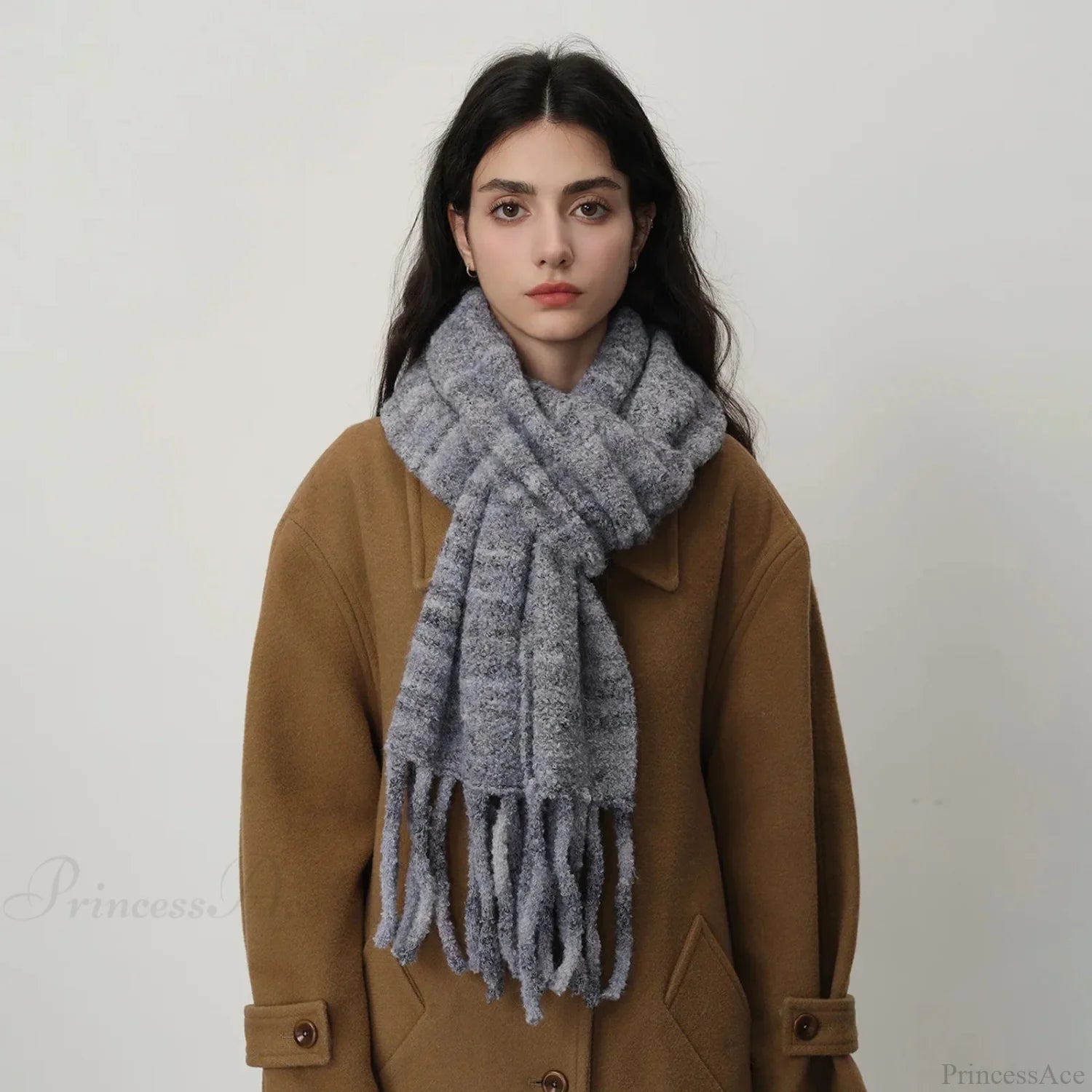 Glacier Blue Knitted Wool Scarf With Tassels For Women White-Gray Gradient / L215Cm W27Cm Scarfs-L