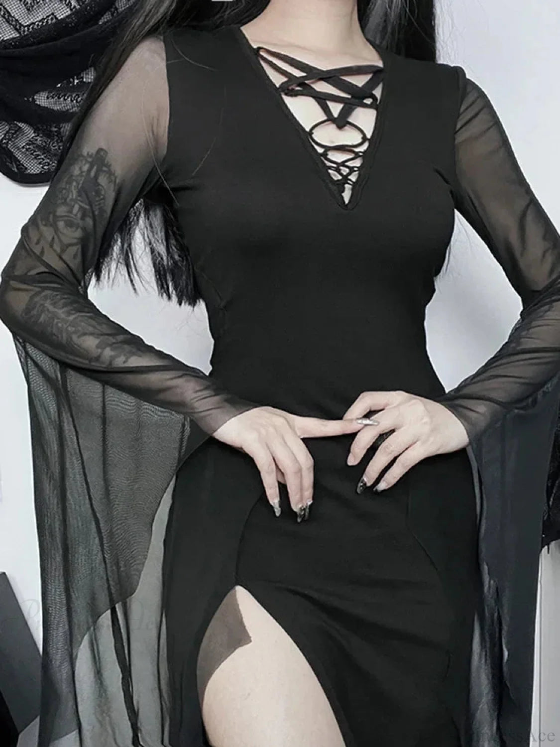 Gloomy Halloween Net Patchwork Flare Sleeve Full-Length Dress