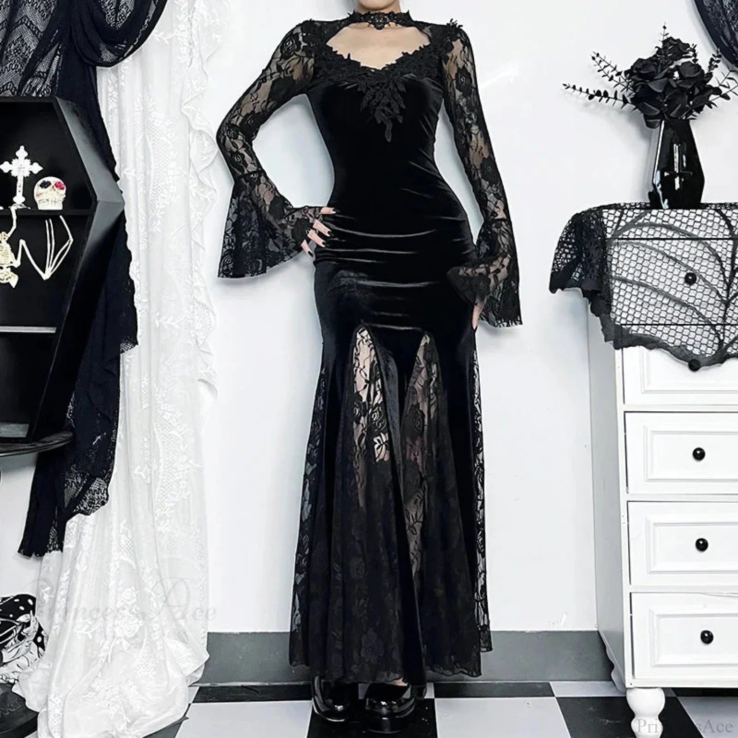 Gloomy Lace Fishtail Tiny Slim Midi Dress Black / S
