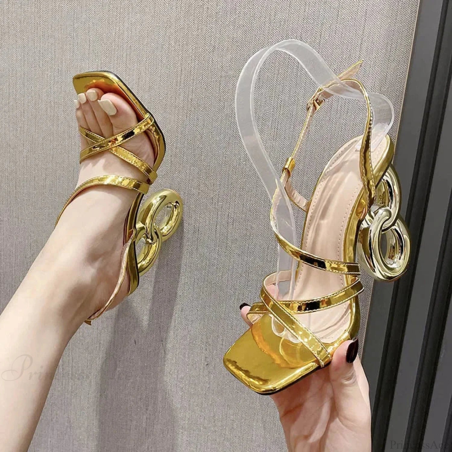 Gold Sexy Strange High Heels Gladiator Narrow Band Square Toebuckle Strap Wedding Banquet Pumps Heel