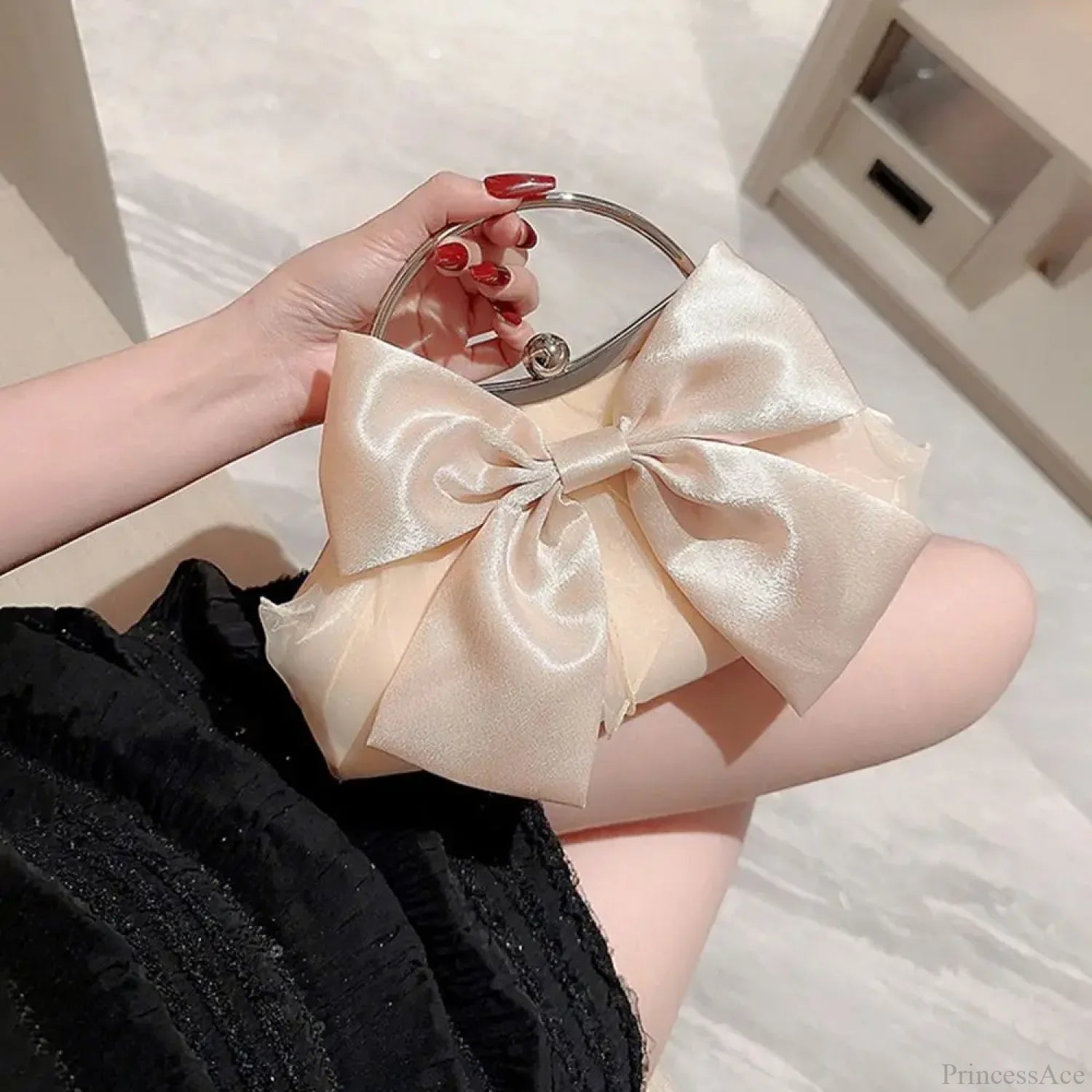 Gold Silk Bowknot Evening Bag Women Elegant Banquet Shoulder Handbag Gold clutchbag-250126