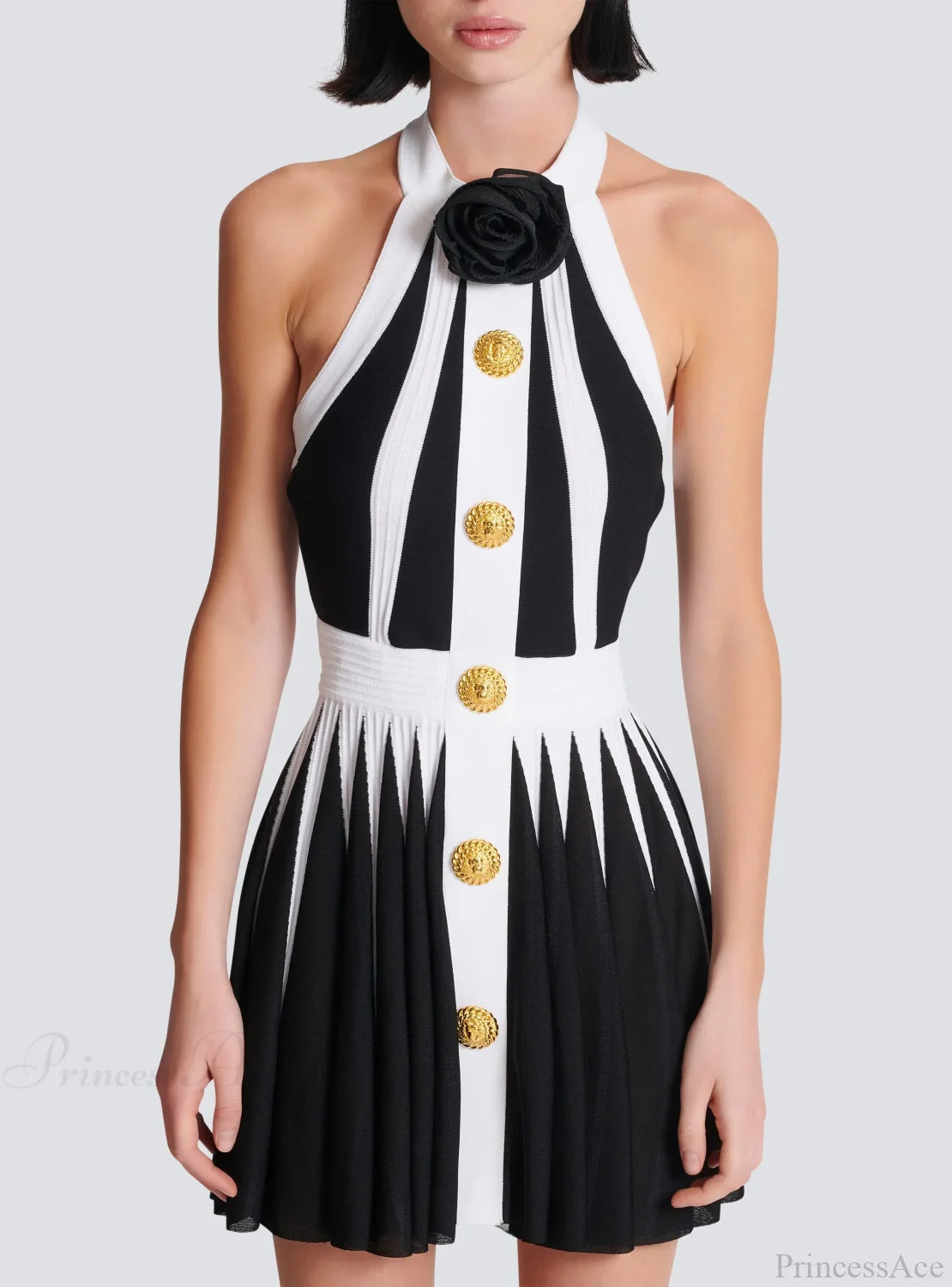 Golden Buttons Patchwork Party Dress Partydress-241208