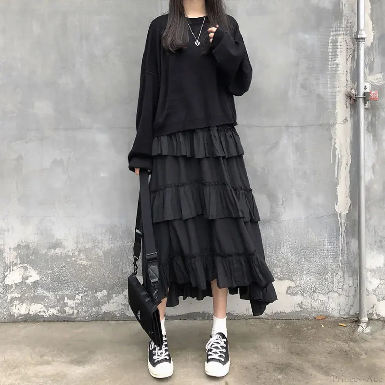 Gothic High Low Ruched Ruffle Skirt