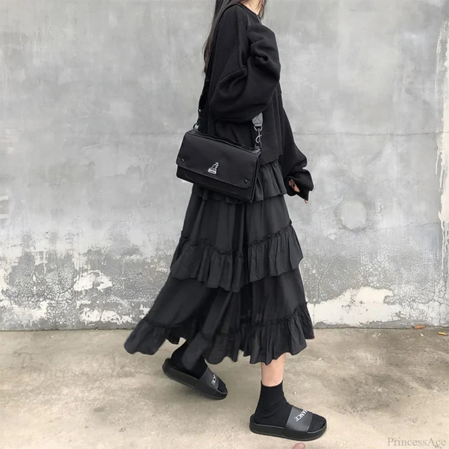 Gothic High Low Ruched Ruffle Skirt