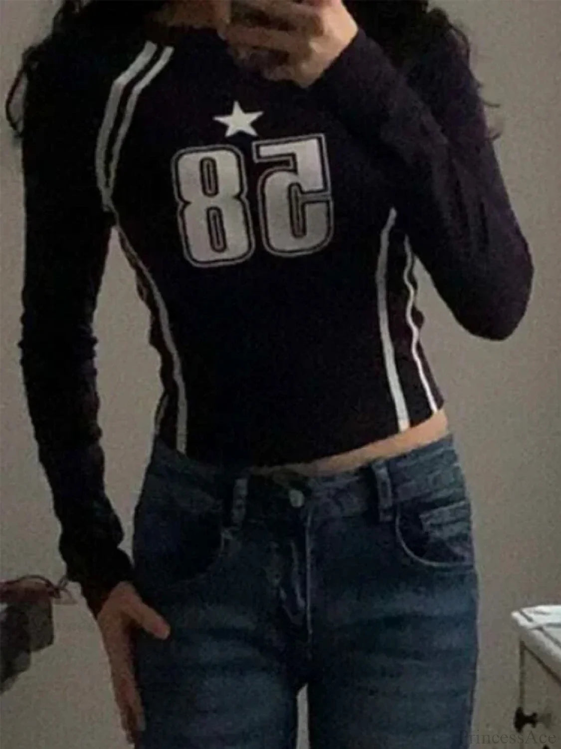 Gothic Open Umbilical Letter Printed Casual Long Sleeve Knit Top knittop-250126