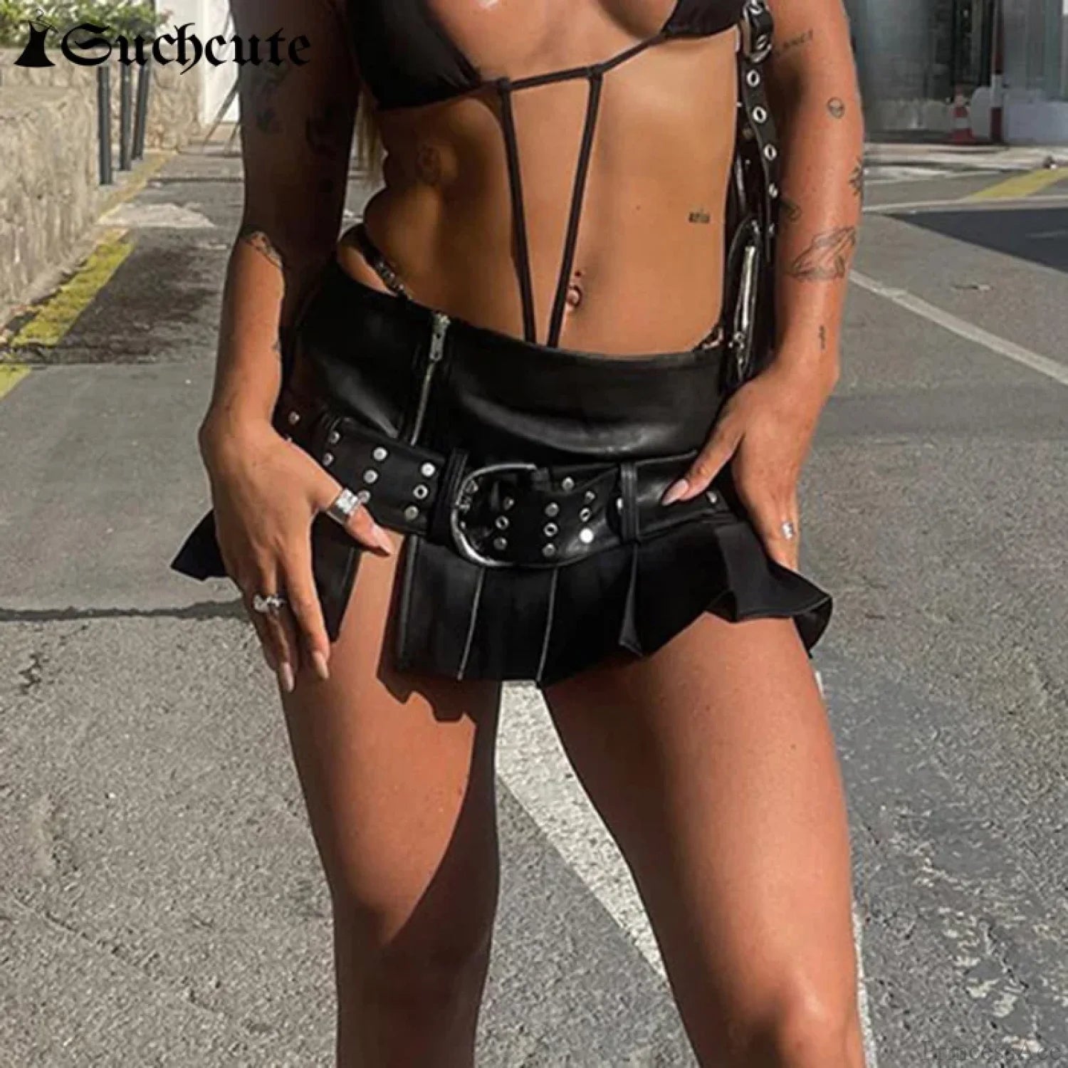 Gothic Rivet Pleated Leather Skirt skirts-250223