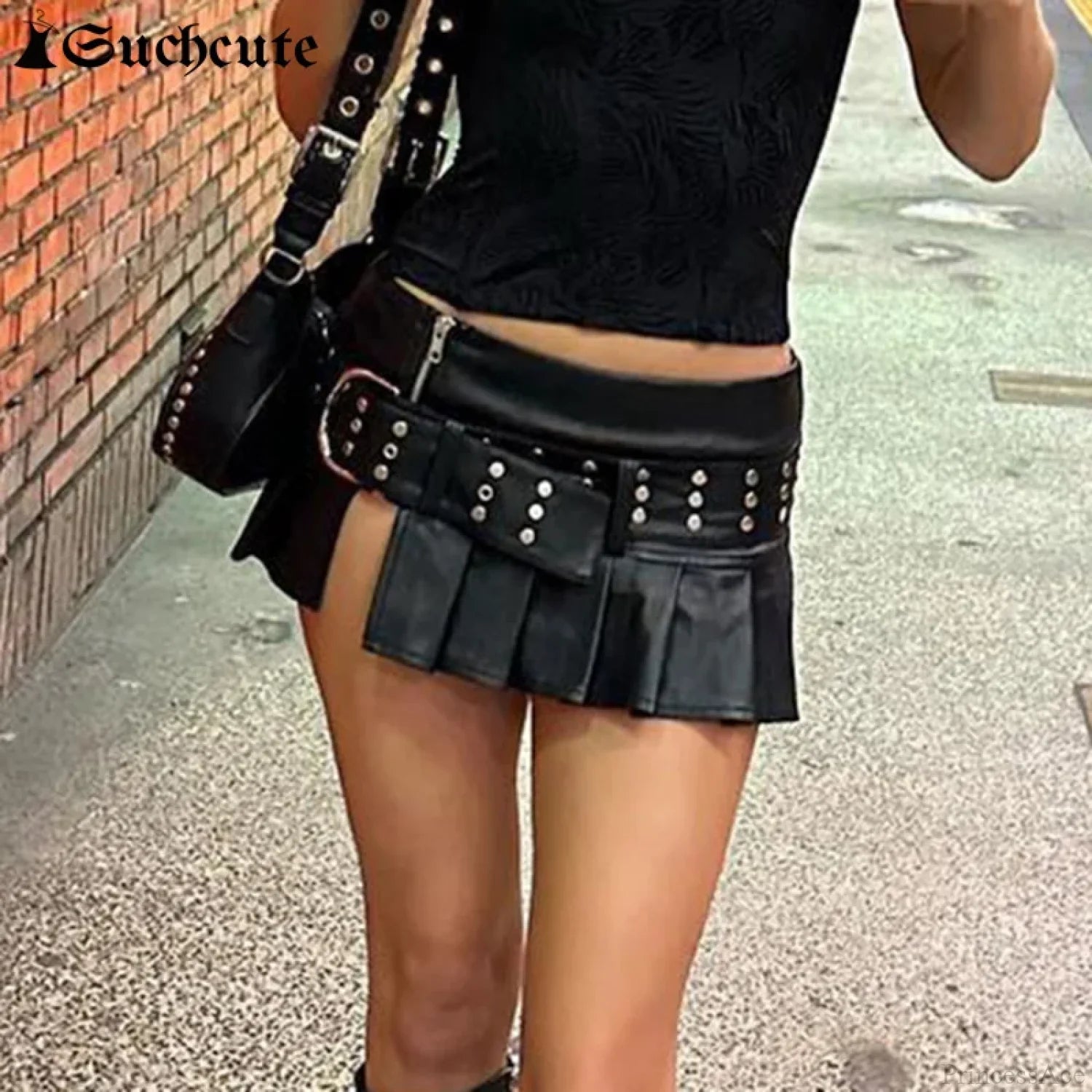 Gothic Rivet Pleated Leather Skirt skirts-250223