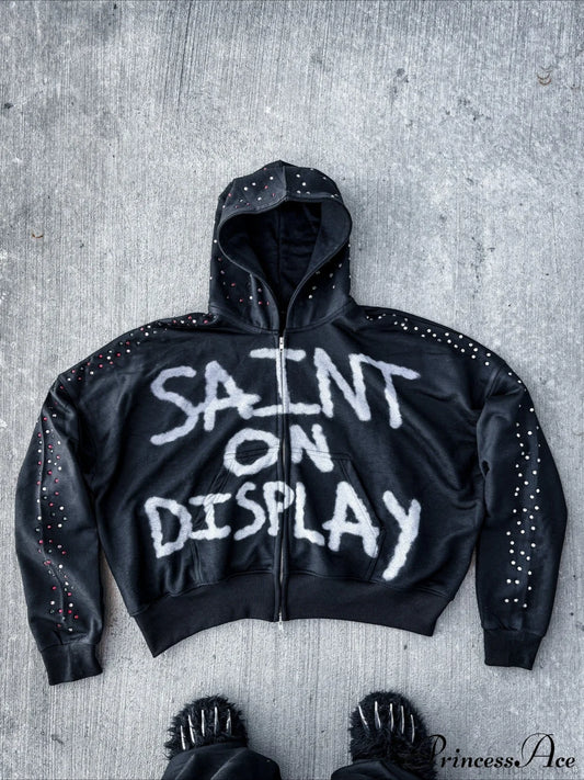 Gothic Rock Letter Print Hoodie Black / S