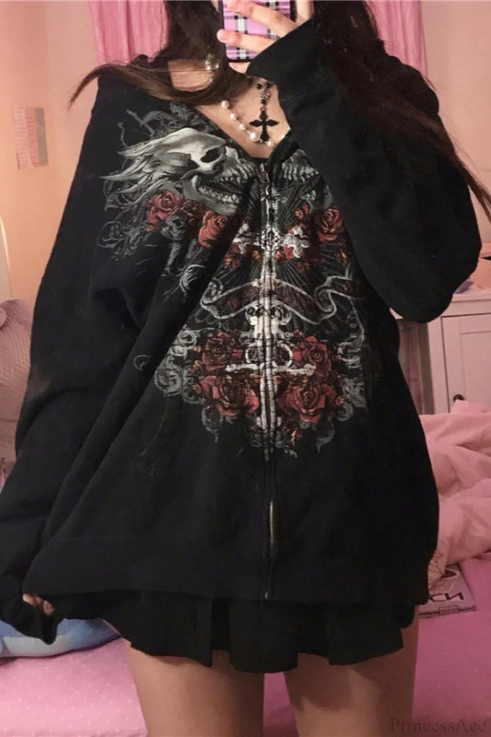 Gothic Zip Up Loose Hoodie Red / S