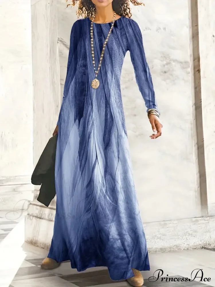 Gown Casual Long Full-Length Arm With Graphic Print M / Blue Long Sleeve Maxi Dress