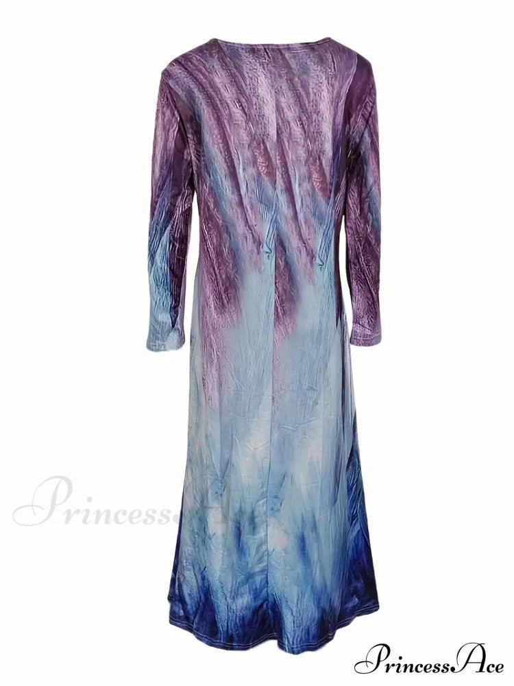 Gown Casual Long Full-Length Arm With Graphic Print M / Purple Long Sleeve Maxi Dress