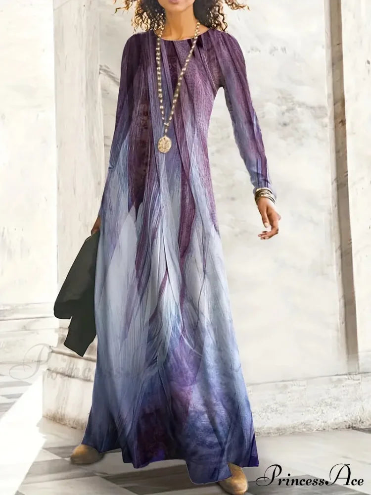 Gown Casual Long Full-Length Arm With Graphic Print S / Purple Long Sleeve Maxi Dress