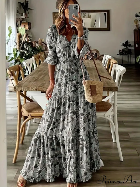 Gown Design Full-Length Waist Graphic With Slim V And Drawstring Neck S / Purple Maxi Dress