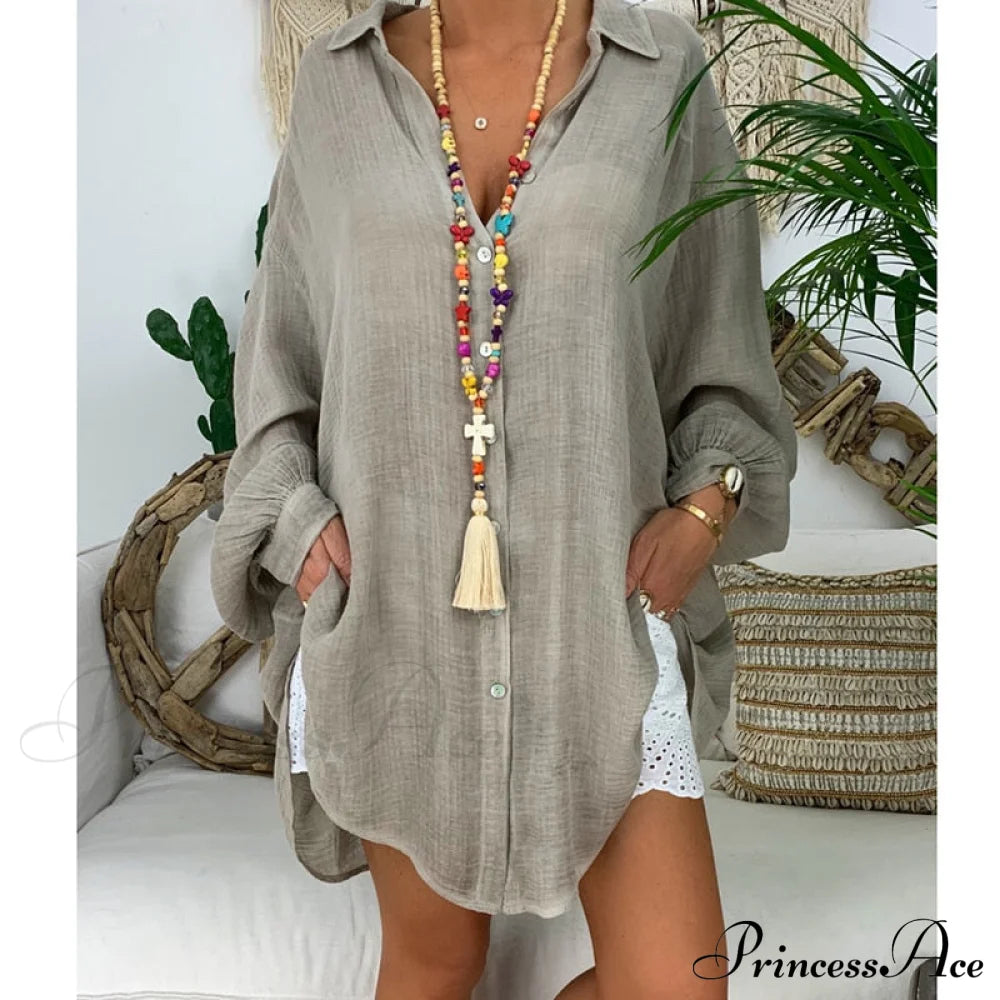 Gown Office Robe Linen Lapel Lady Long Vestidos Blouse Cotton Tunic Casual Women Solid Work Blouses