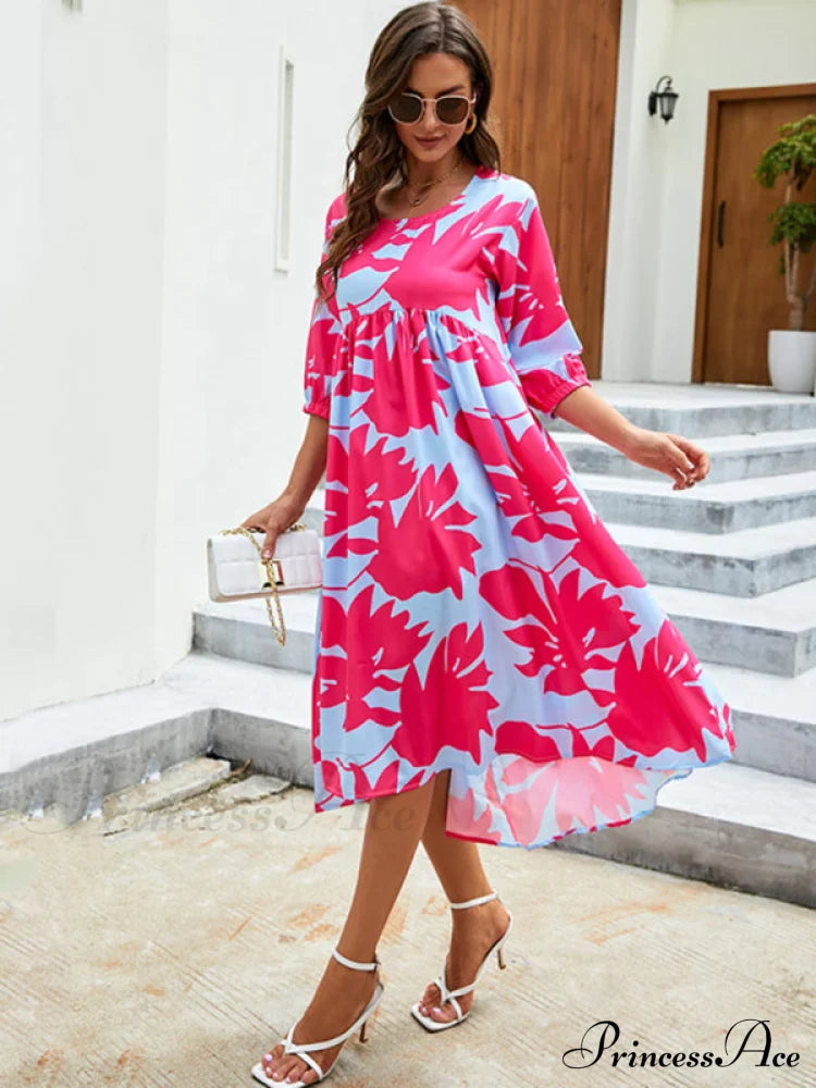 Gown Printing Round Loose Woven For Neck Women Women’s Mid Sleeve Midi Dress