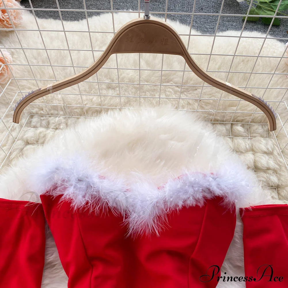 Gown Red For Backless Furry Strapless Elegant - Women Party New Year/Christmas/Femme