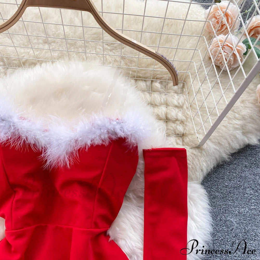 Gown Red For Backless Furry Strapless Elegant - Women Party New Year/Christmas/Femme