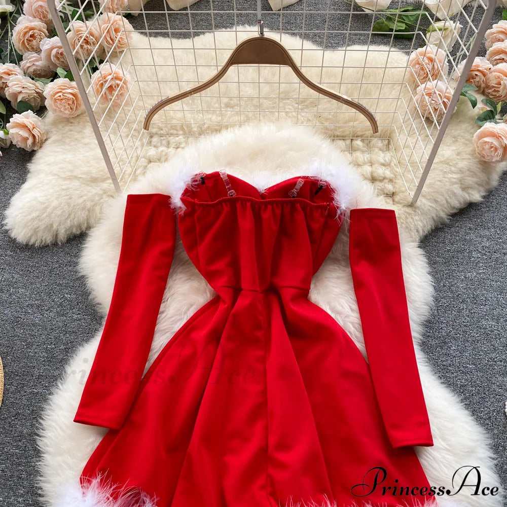 Gown Red For Backless Furry Strapless Elegant - Women Party New Year/Christmas/Femme
