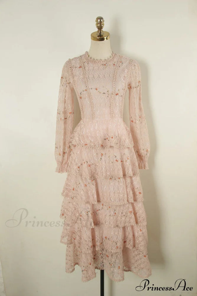 Gown Ruffle Embroidery Female Full-Length Full Elegant - Spring/Winter Long Waist Pink Party Lace