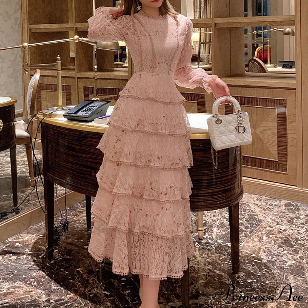 Gown Ruffle Embroidery Female Full-Length Full Elegant - Spring/Winter Long Waist Pink Party Lace