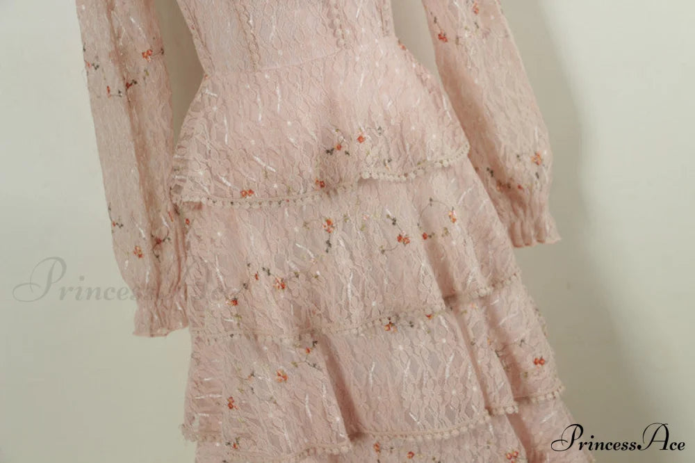 Gown Ruffle Embroidery Female Full-Length Full Elegant - Spring/Winter Long Waist Pink Party Lace