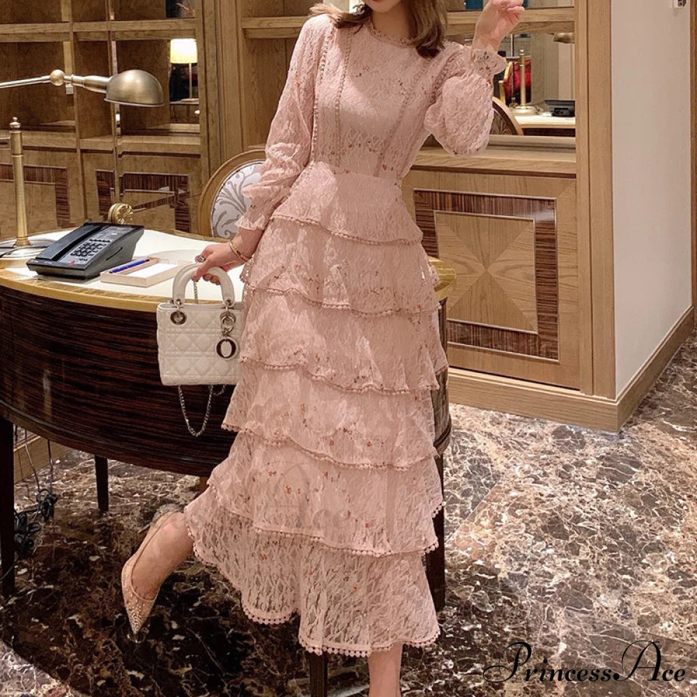 Gown Ruffle Embroidery Female Full-Length Full Elegant - Spring/Winter Long Waist Pink Party Lace
