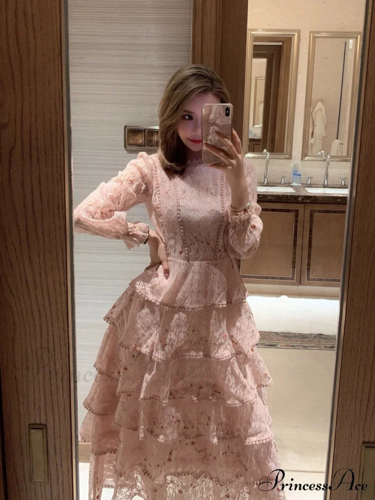 Gown Ruffle Embroidery Female Full-Length Full Elegant - Spring/Winter Long Waist Pink Party Lace