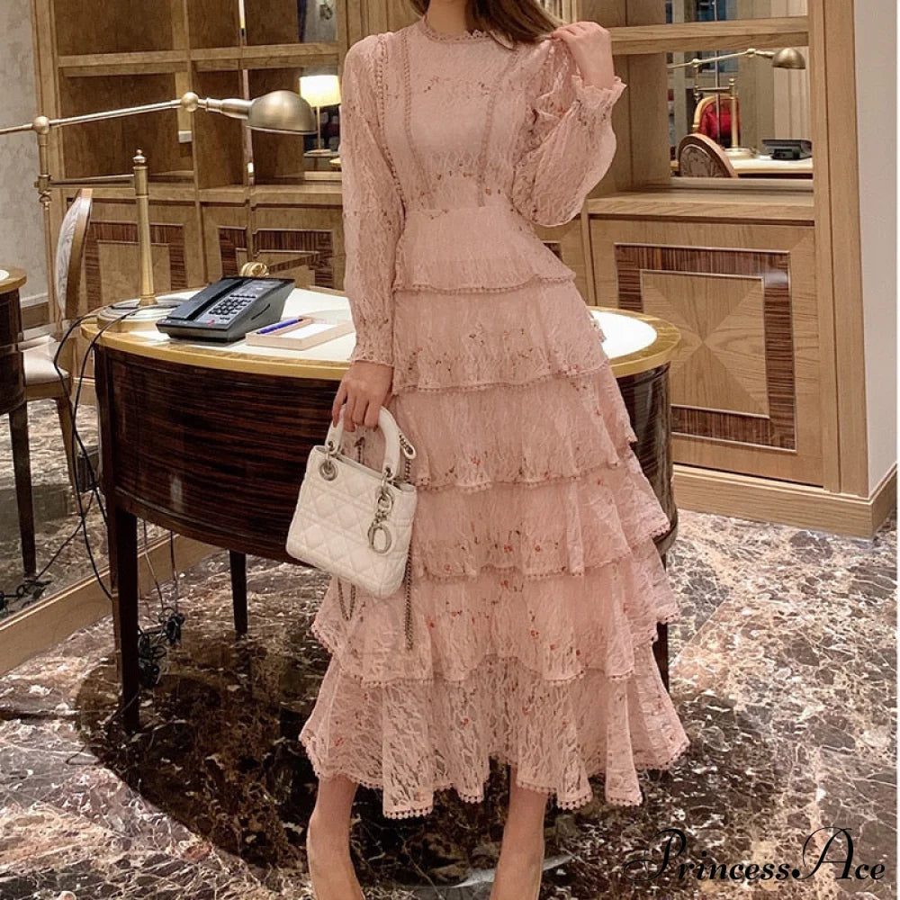 Gown Ruffle Embroidery Female Full-Length Full Elegant - Spring/Winter Long Waist Pink Party Lace