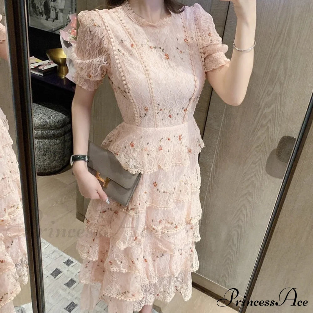 Gown Ruffle Embroidery Female Full-Length Full Elegant - Spring/Winter Long Waist Pink Party Lace