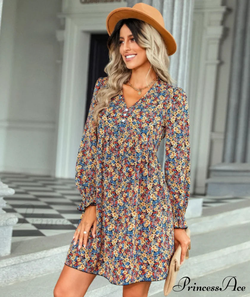 Gown With Fashion Flowered V-Neck Print Xl / Yellow