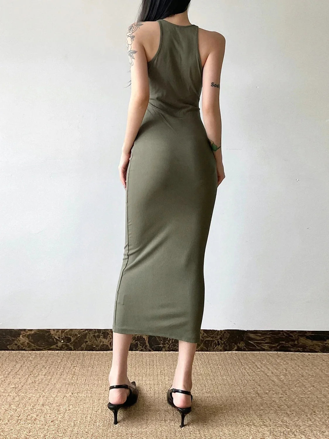 Graceful Hollow Out Spaghetti Midi Dress ArmyGreen / S