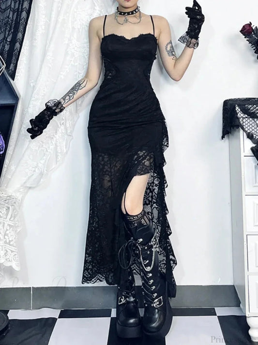 Graceful Spaghetti Strap Lace Full-Length Dress Black / XS