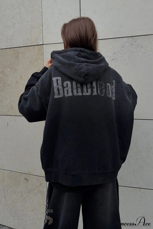 Gradient Letter Distressed Zip Hoodie