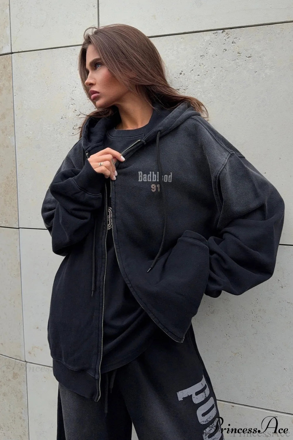 Gradient Letter Distressed Zip Hoodie Grey / S