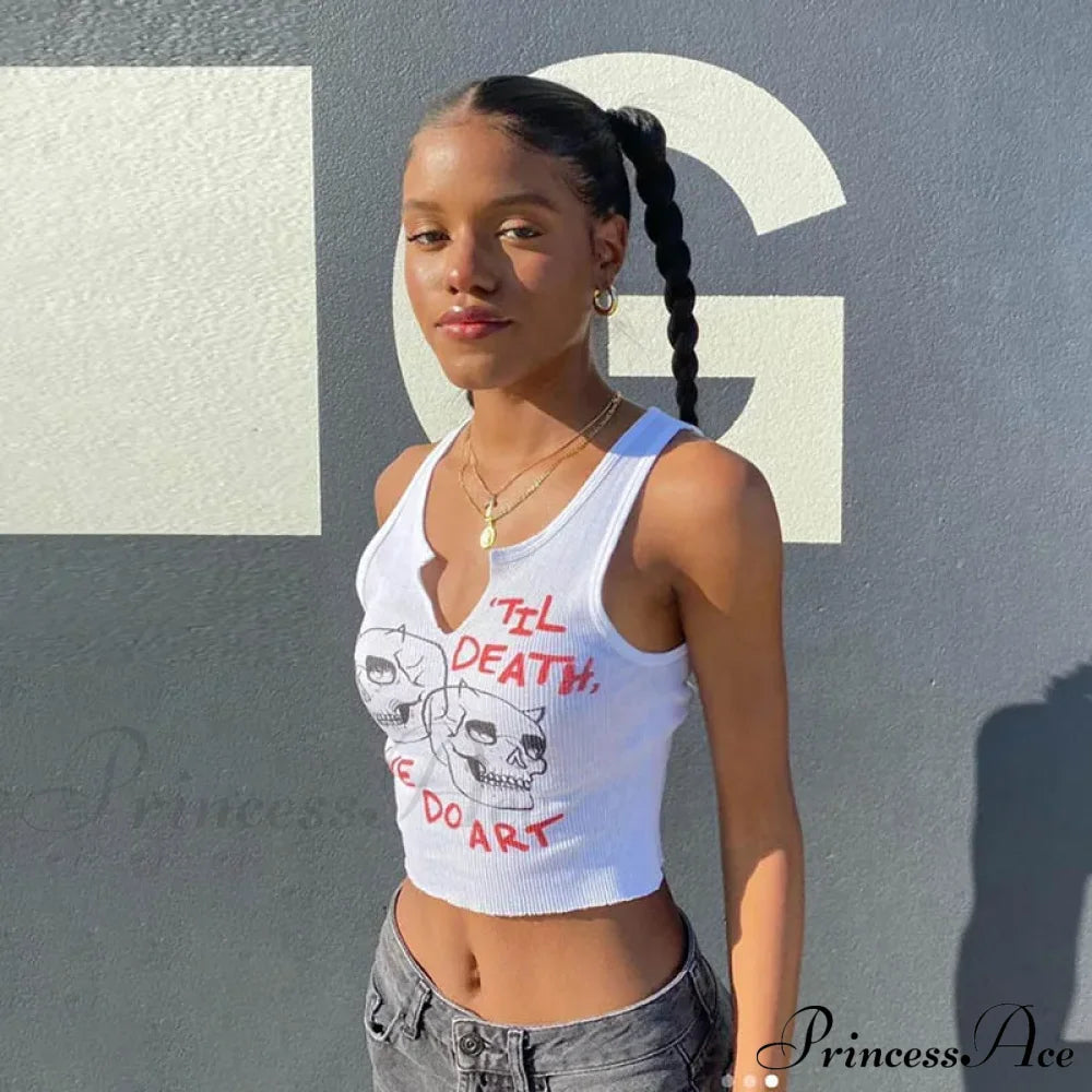Graphic Cyber Streetwear Women Chic Sleeveless Activity 2024 Harajuku Skinny Crops Tank Top White /