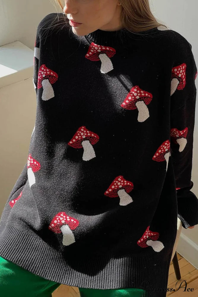 Graphic Mushroom Pullover Sweater Black / S Sweaters-L