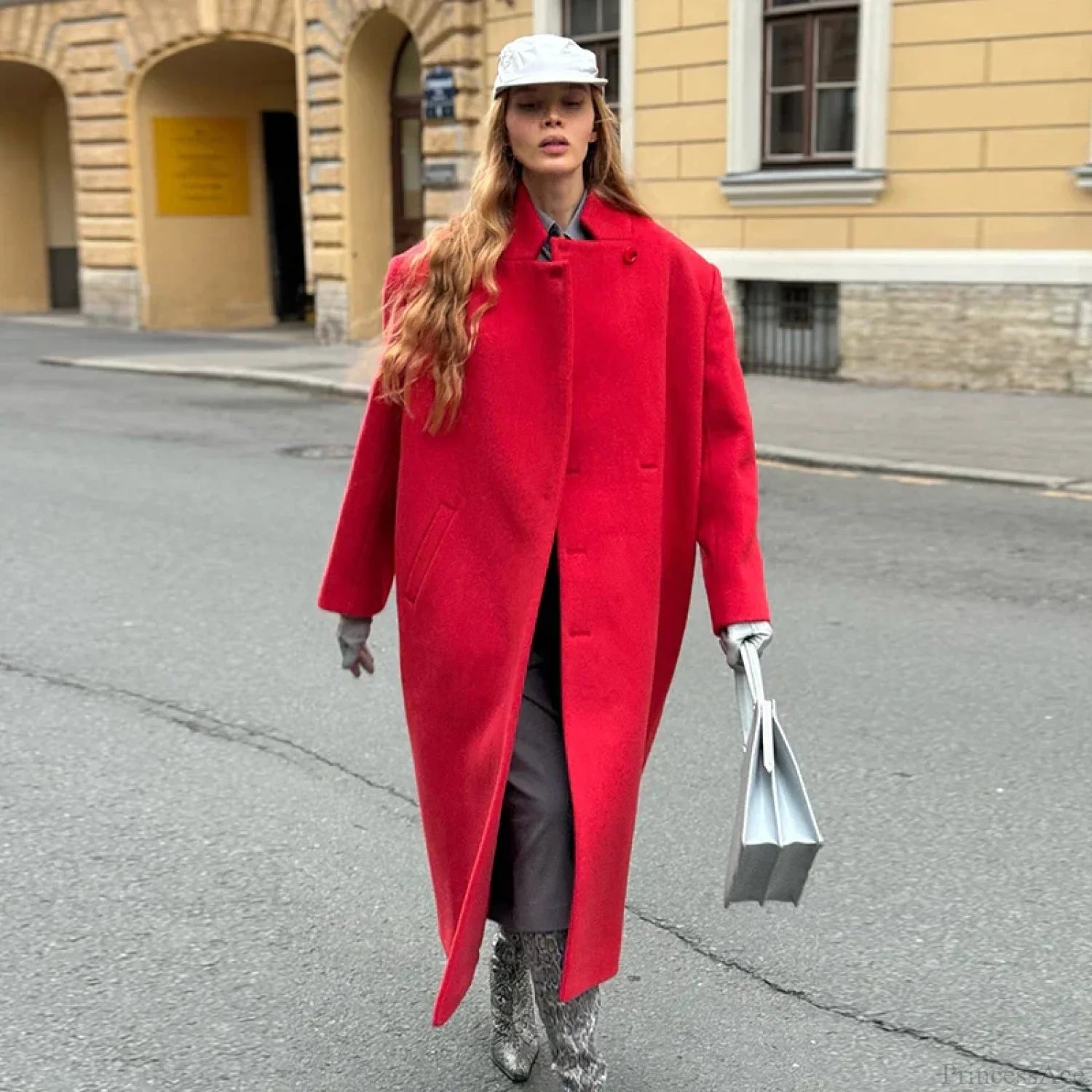 Gray Casual Wool Notched Button Up Overcoat Red / S