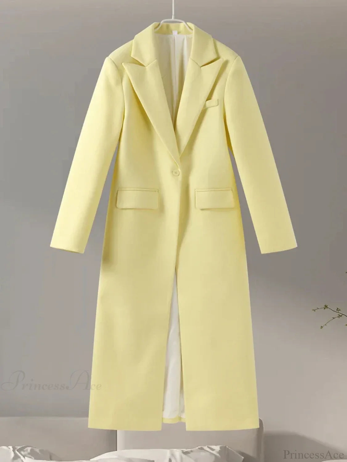 Gray Casual Wool Notched Button Up Overcoat yellow long coat / S