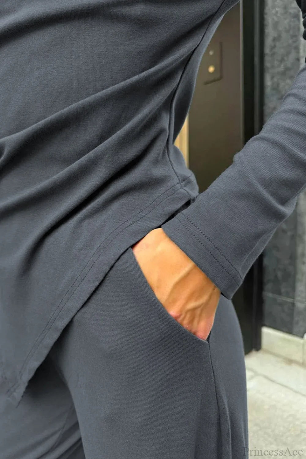 Gray Knit Off-the-Shoulder High Waist Wide Leg Two Piece Set