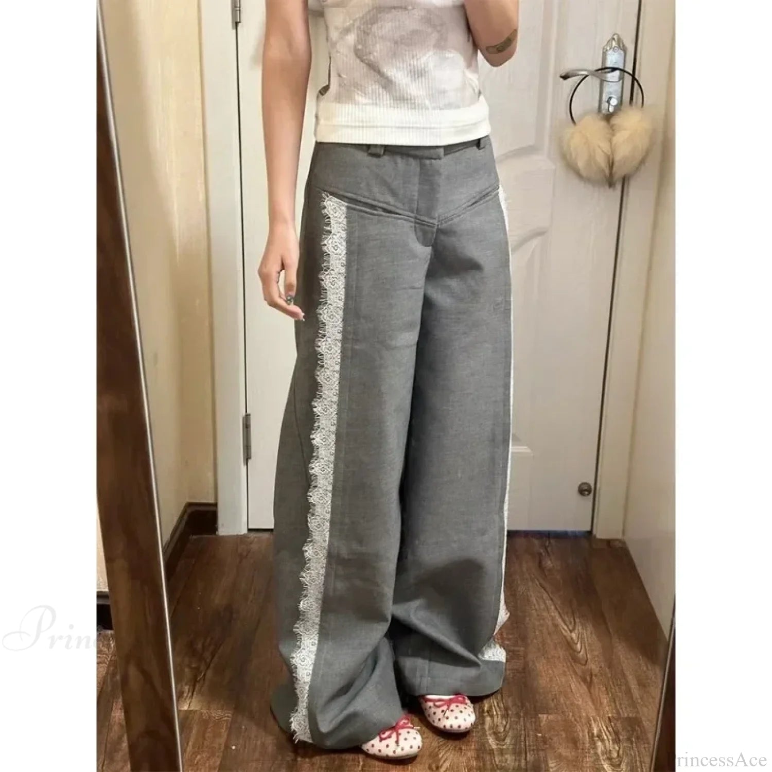 Gray Lace Y2K Women Suit Wide Leg Pants