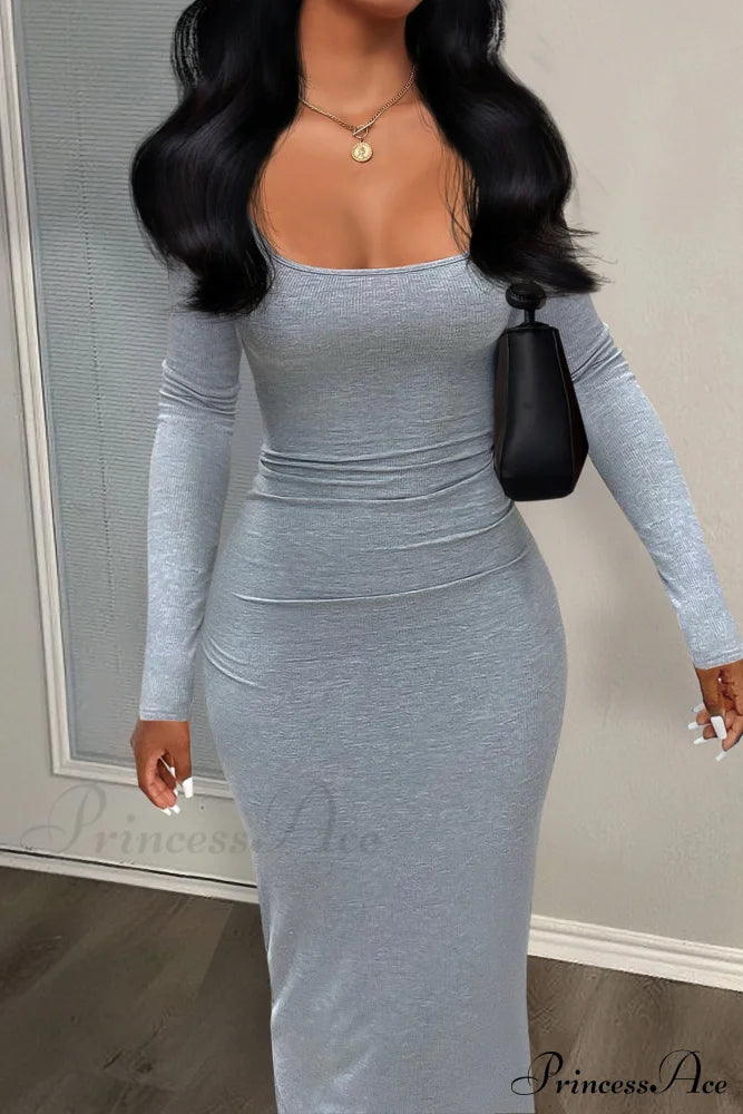 Gray Square Neck Bodycon Dress - Long Sleeve Xs / Black Long Sleeve Gray Bodycon Dress