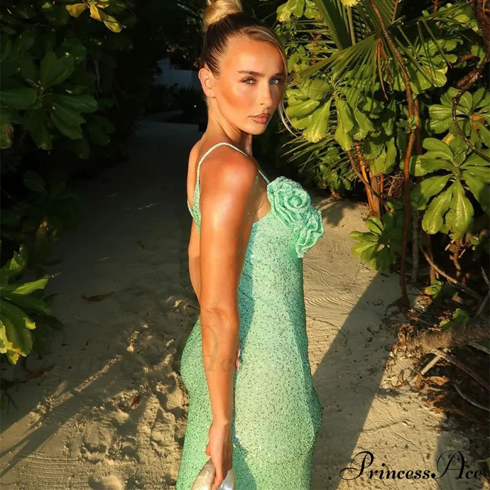 Green 3D Flower Charming Sequin Cami Maxi Dress Print Long