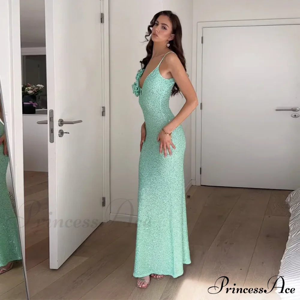 Green 3D Flower Charming Sequin Cami Maxi Dress Print Long