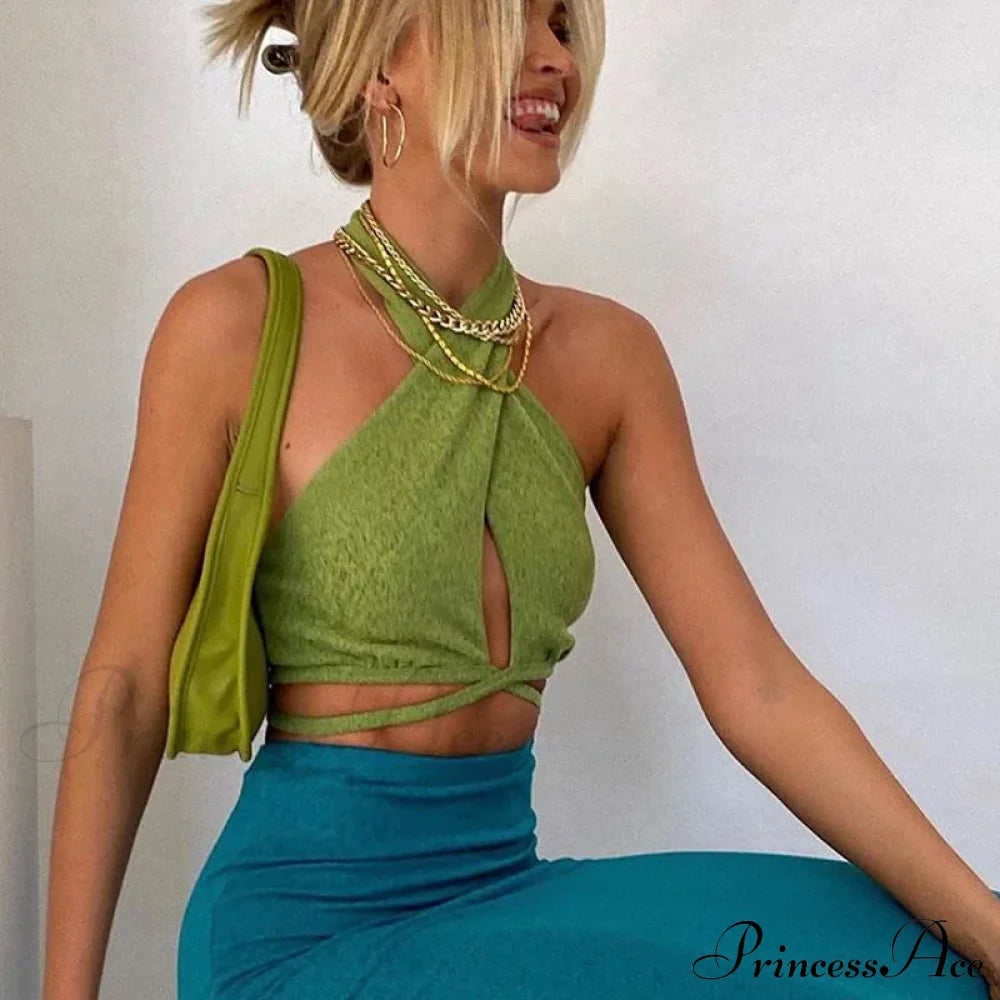 Green Bandage Halter Crops For Women Sleeveless Backless Club Party Chic Wrap Cropped Slim
